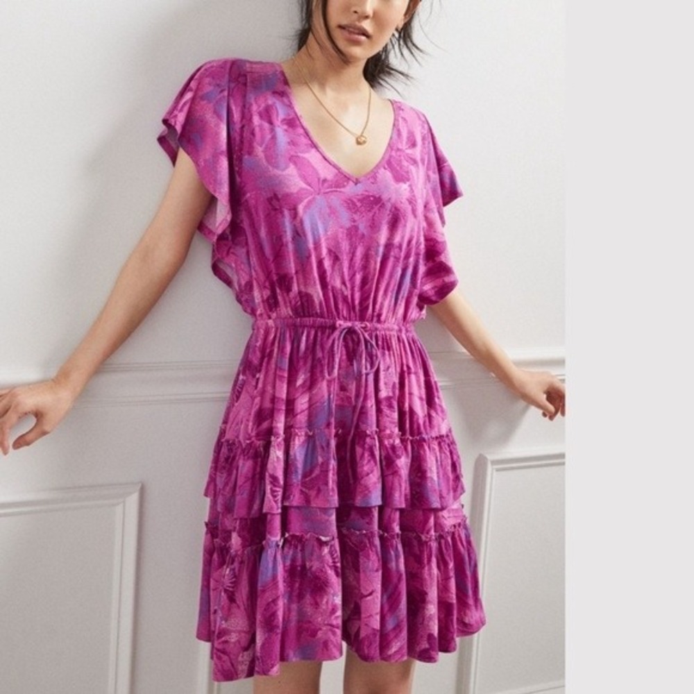 Daily Practice Anthropologie Pink Floral Tiered Mini Dress Boho Flutter Sleeve x
